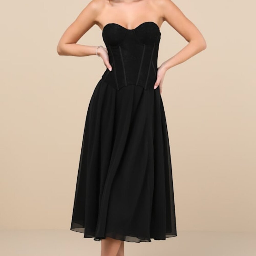 Lulus Truest Sensation Black Lace Bustier Midi Dress - Size S